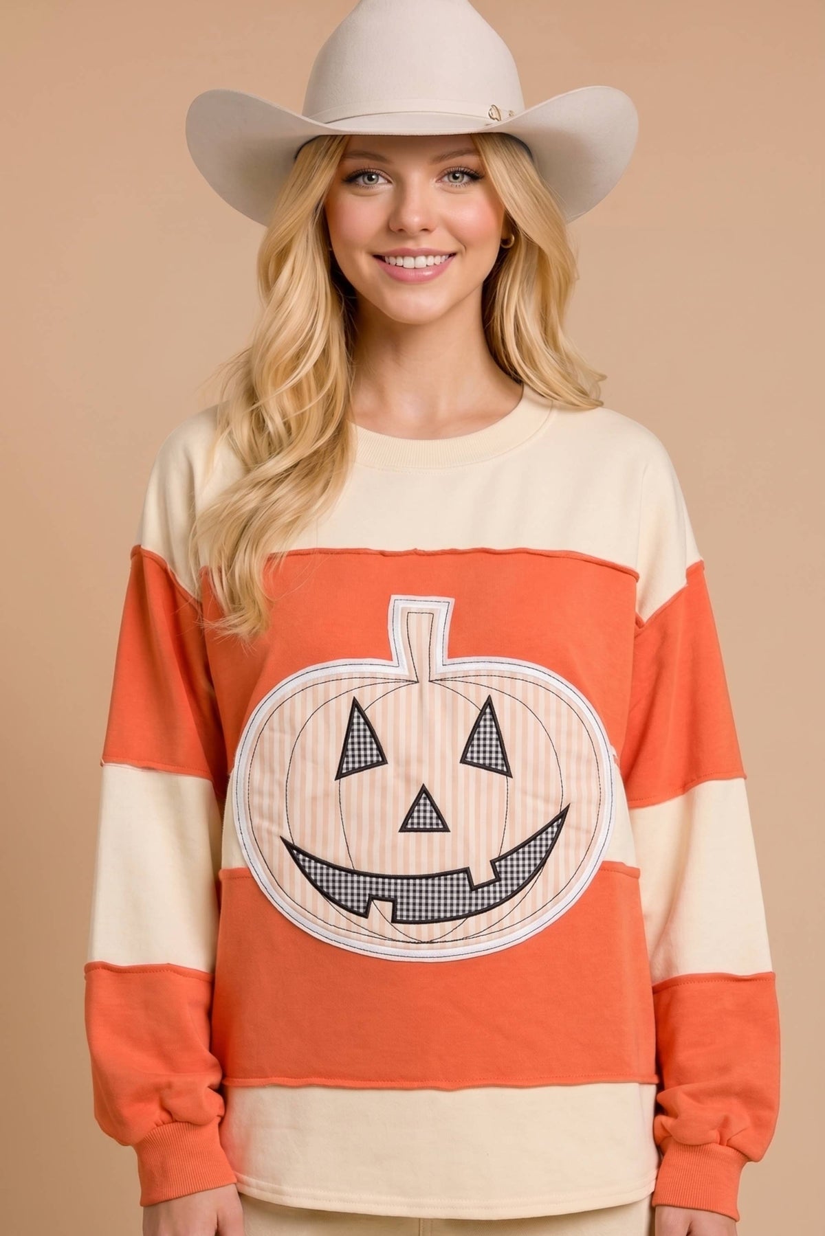 Pumpkin Appliqué Color Block Pullover: BURNT ORANGE/CREAM / S-M-L (2-2-2)