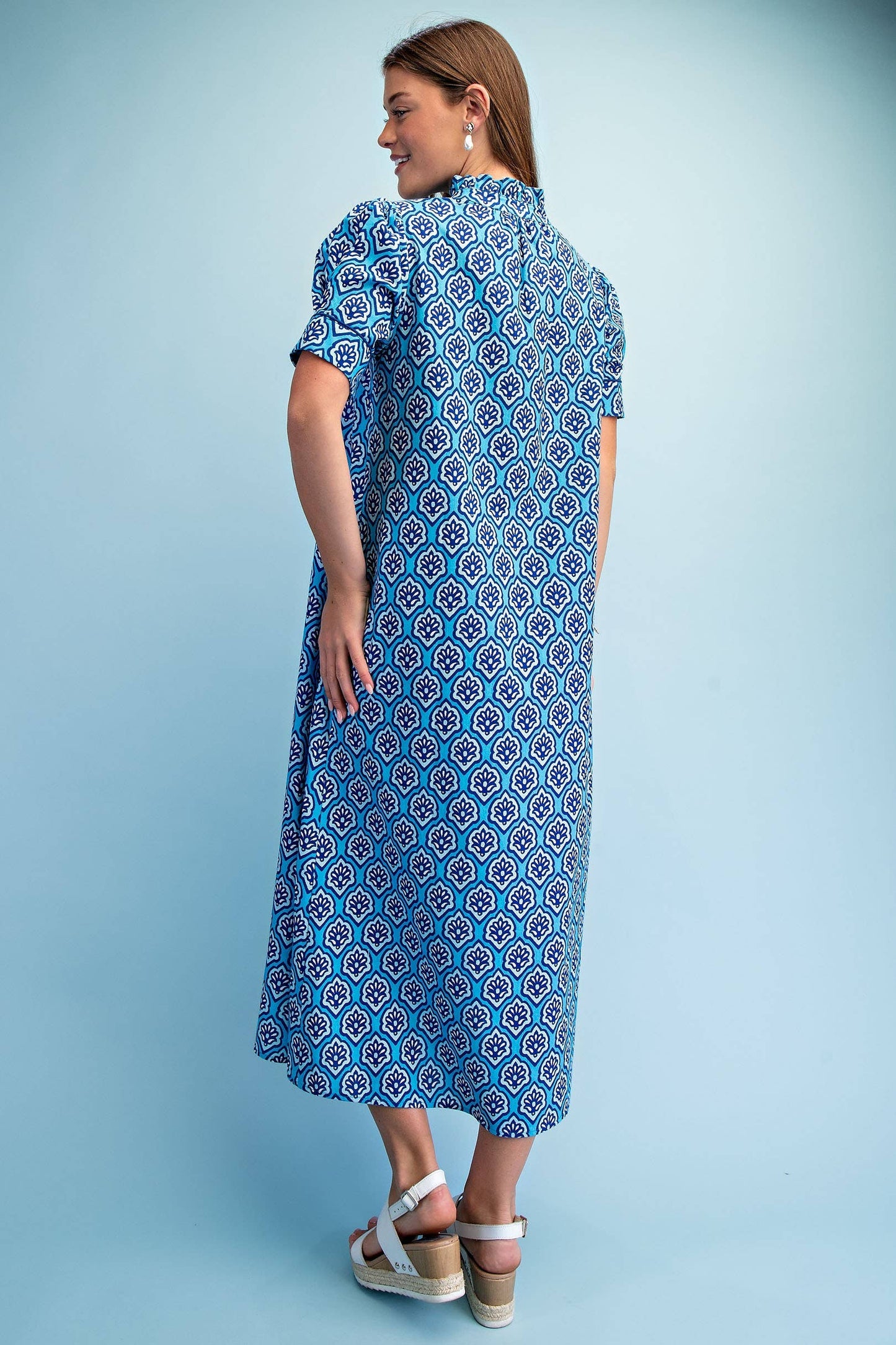 Bright Printed Button Down Midi Dress: SAPPHIRE MIX / 2-2-2(S-M-L)