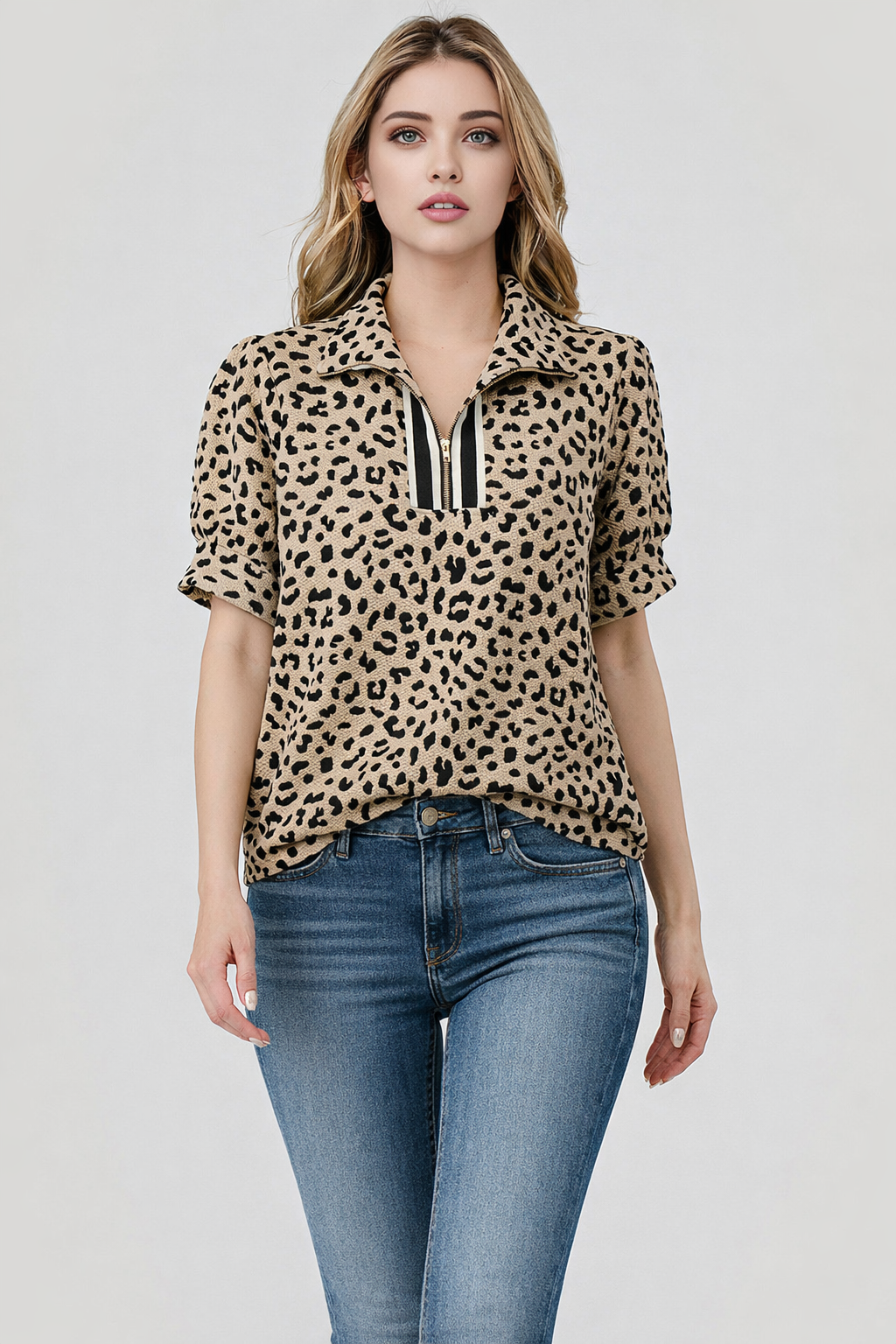MBT 9929 Mandy Short Sleeve Textured Leopard Zip Top