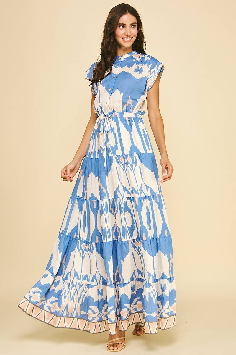 GEOMETRIC PATTERN TIERED MAXI DRESS - 6198DB: BLUE MULTI / M