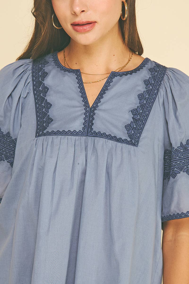 BOHO EMBROIDRED PUFF SLEEVE BLOUSE - 7132T: Blue / L