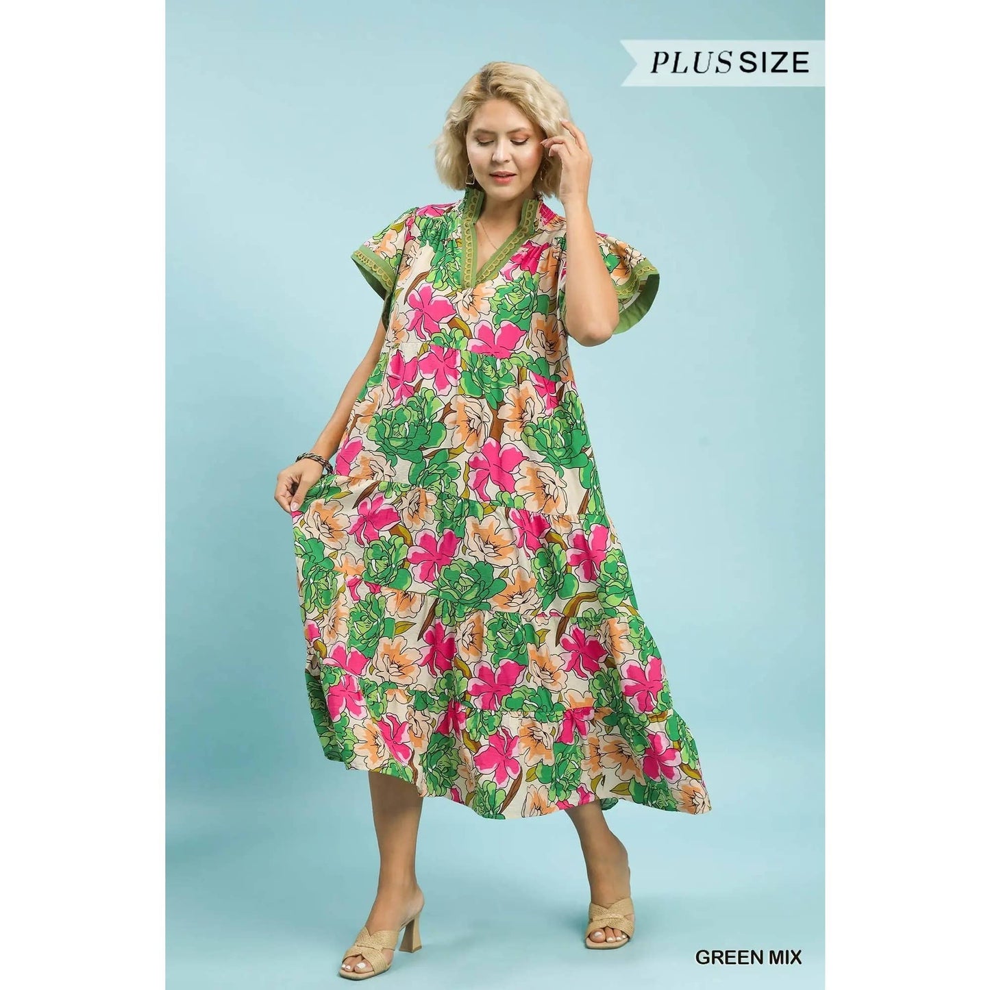PLUS Mix Bold Floral Tiered Midi Dress: TEA BERRY MIX / XL