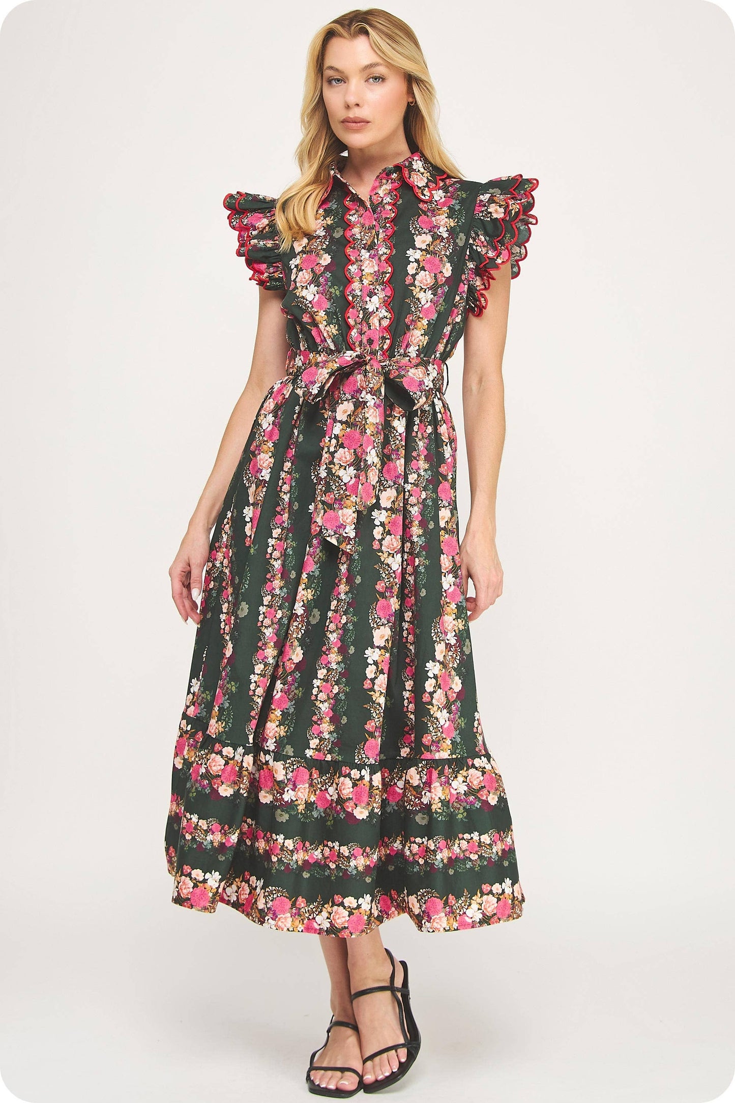 Ruffle Scallop Embroidery Floral Midi Dress: Deep Green/pink Multi / L
