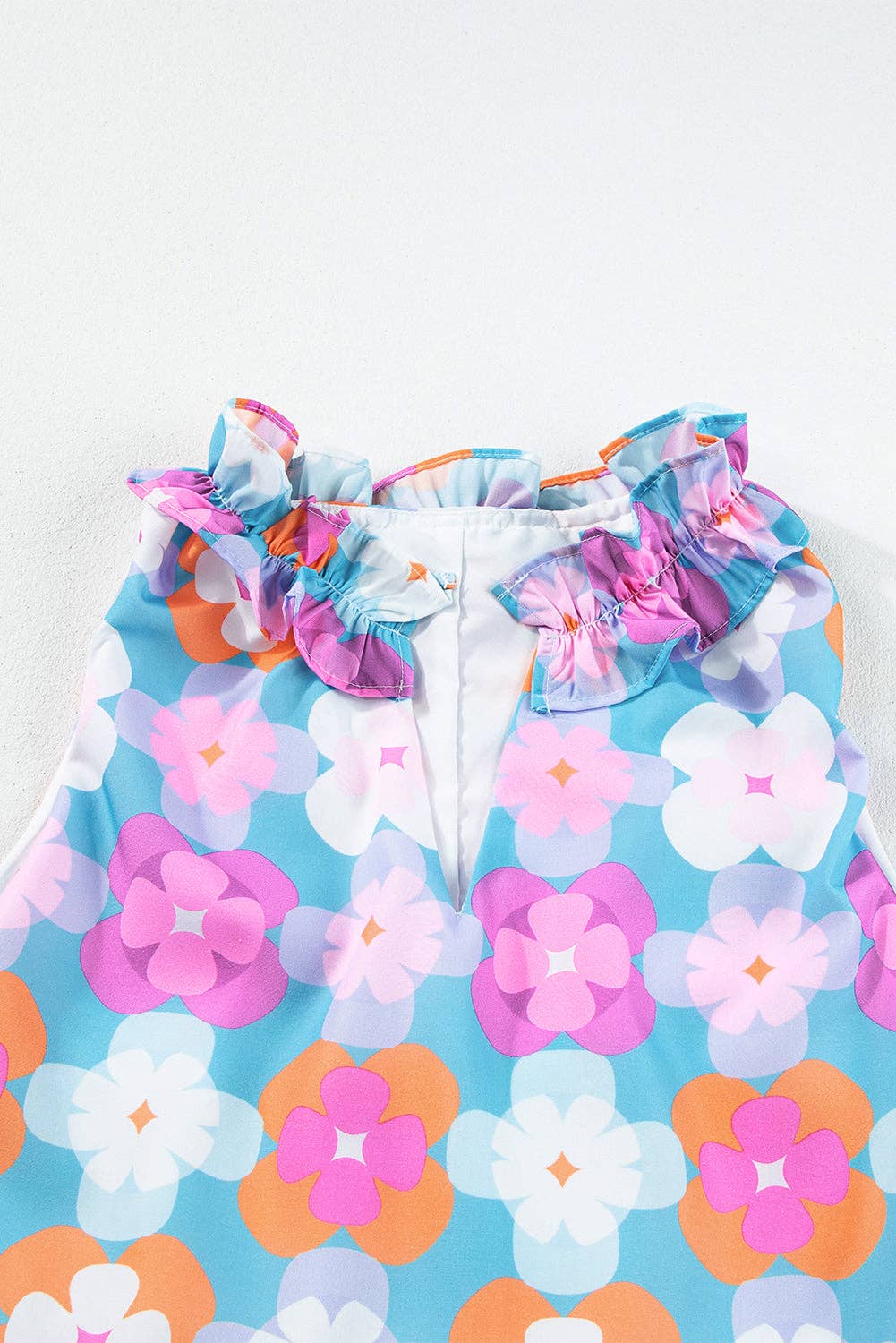Floral Print Frilly Neck Sleeveless Tiered Maxi Dress: Sky Blue / 100%Polyester / M