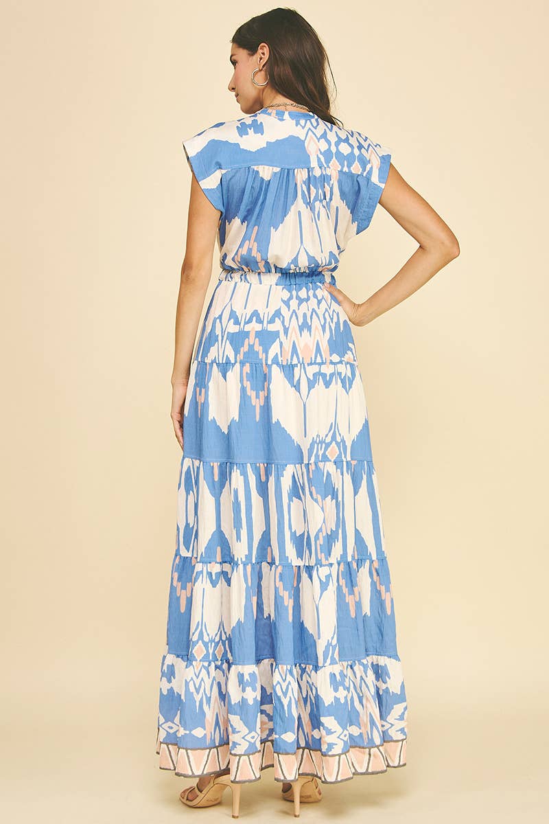 GEOMETRIC PATTERN TIERED MAXI DRESS - 6198DB: BLUE MULTI / L