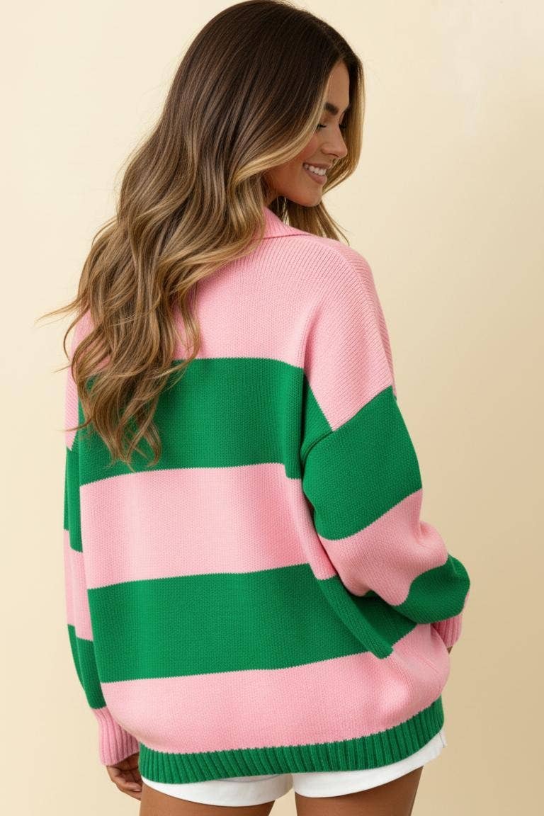 Collared Stripe Color Block Sweater Knit Top: PINK/GREEN / 2-2-2(S-M-L)