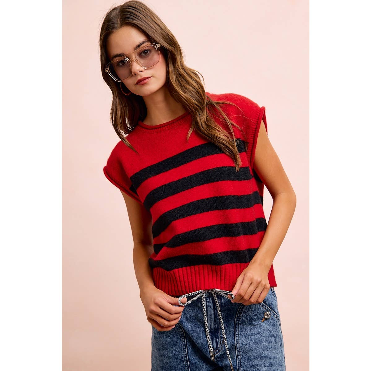 GAMEDAY THEME STRIPED SLEEVELESS KNIT TOP: RED/BLACK / XL