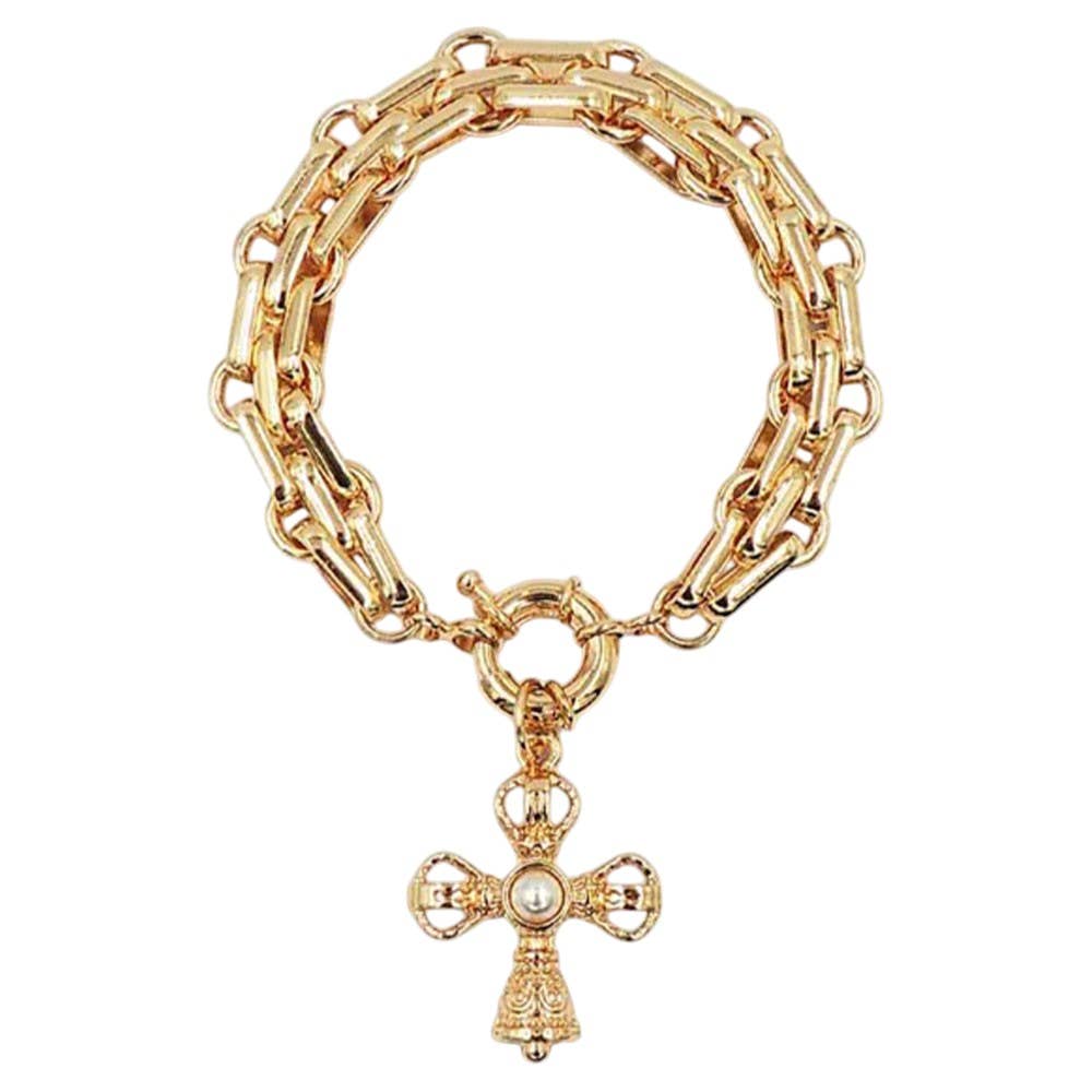 PEARL CROSS CHARM DOUBLE CHAIN BRACELET, BDBB 803: GCM