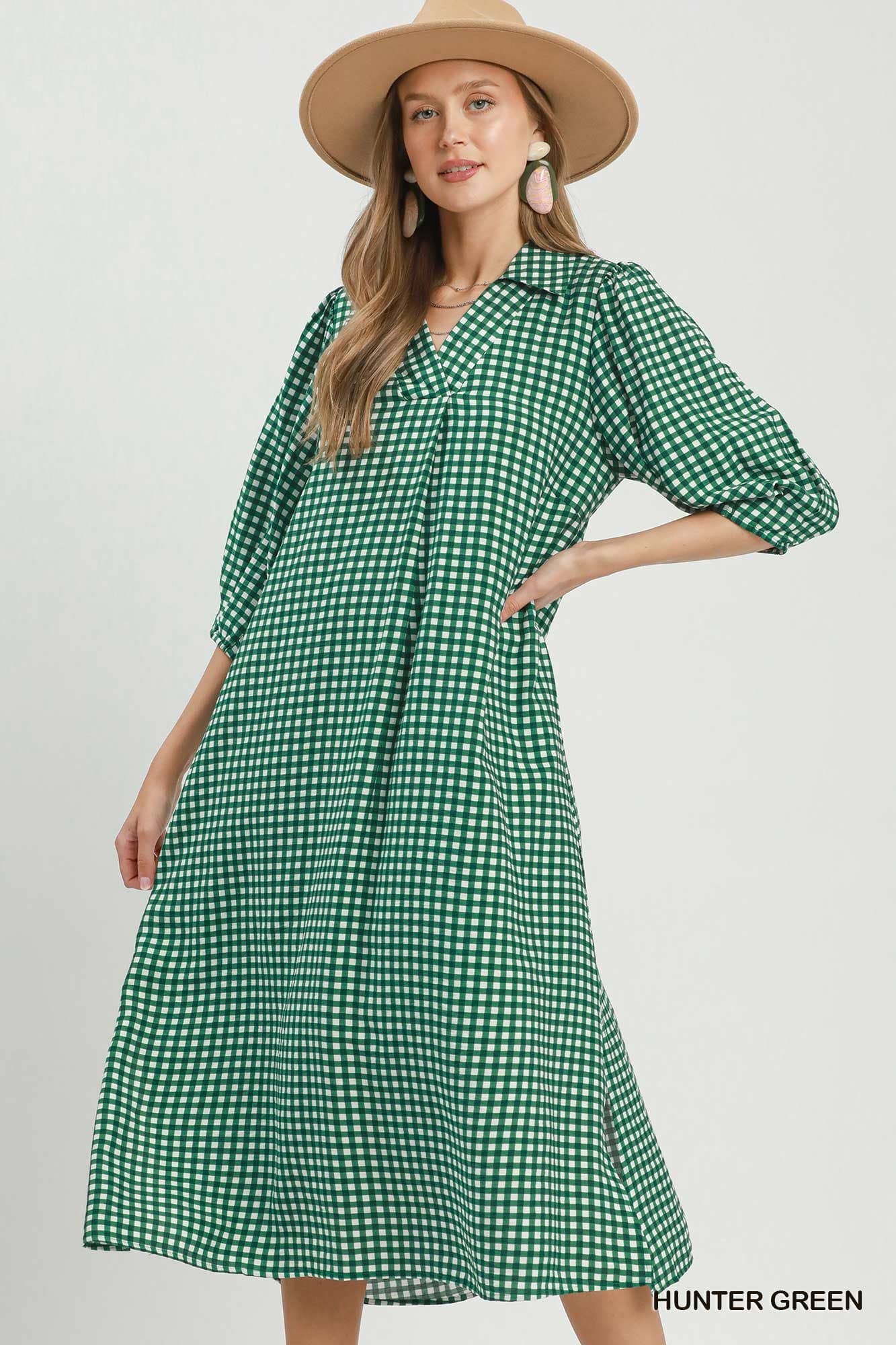 Gingham Check Collared Midi Dress: RED / 2-2-2(S-M-L)