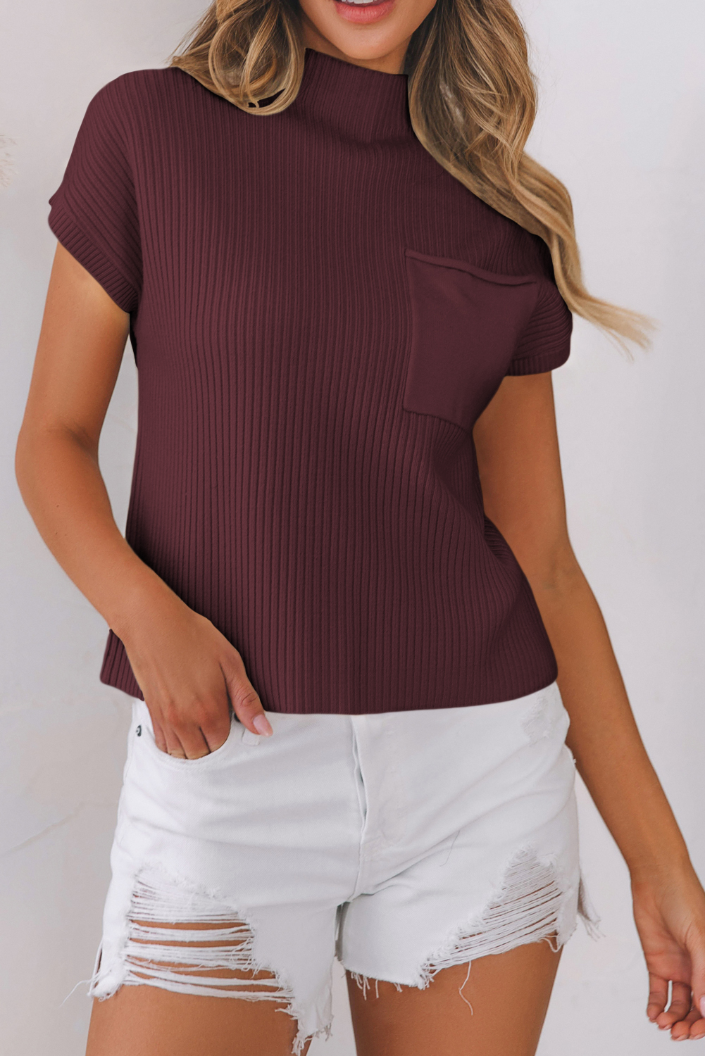 Oatmeal Patch Pocket Ribbed Knit Short Sleeve Sweater: Oatmeal / 50%Viscose+28%Polyester+22%Polyamide / L
