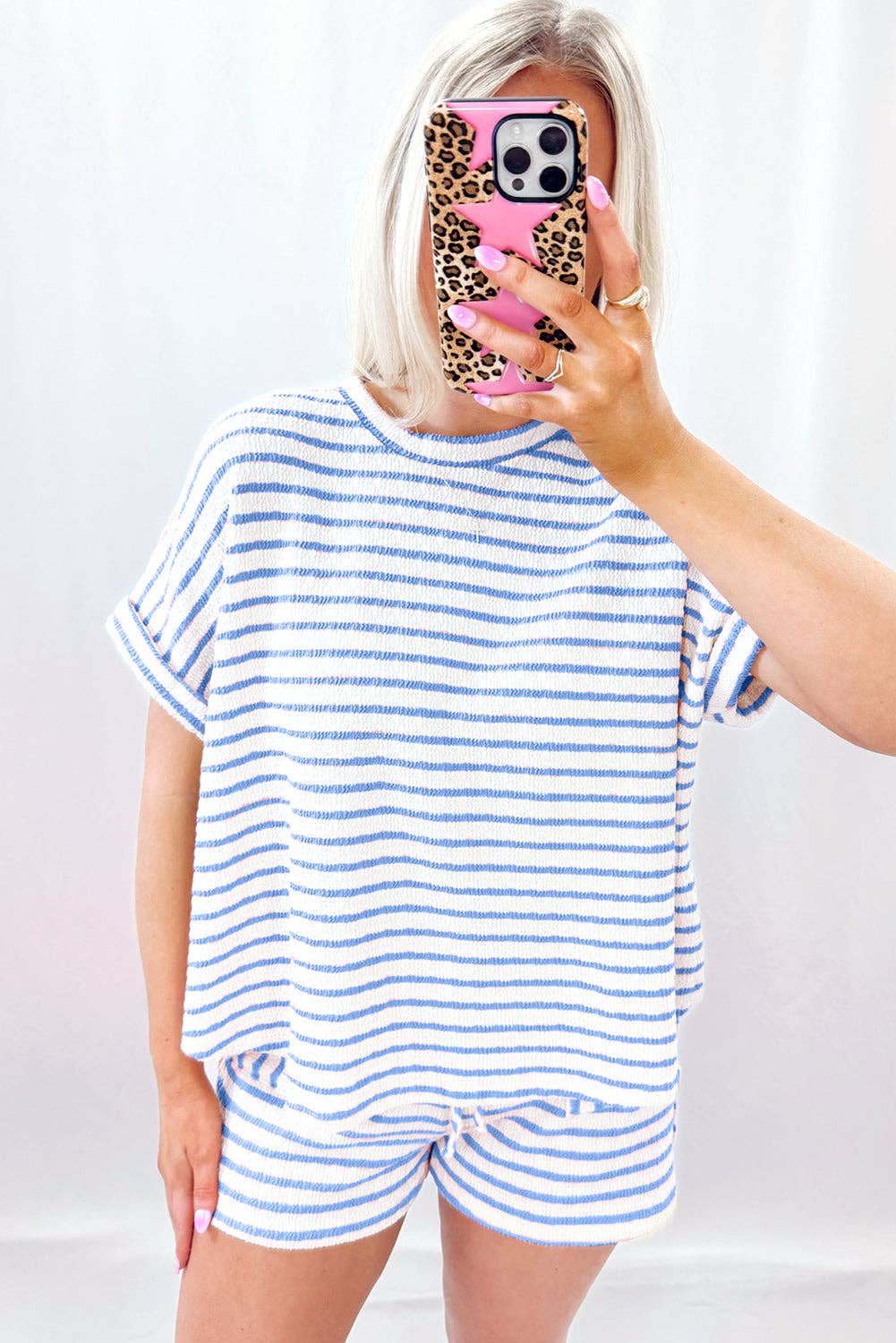 Pink Stripe Knitted Short Sleeve Top and Drawstring Shorts Set: Sky Blue Stripe / 85%Polyester+10%Viscose+5%Elastane / M