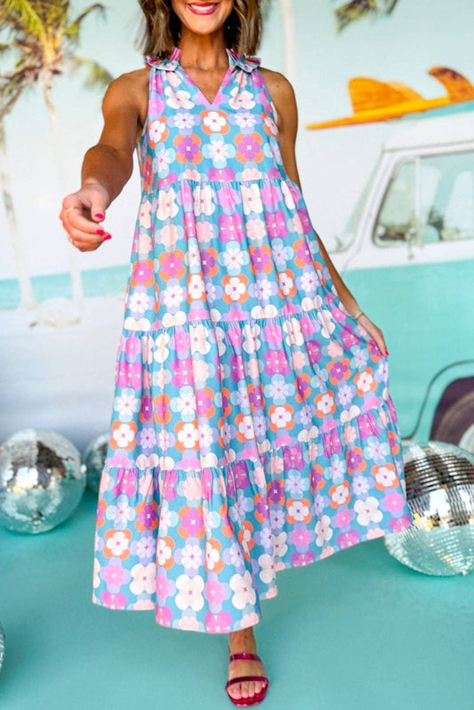 Floral Print Frilly Neck Sleeveless Tiered Maxi Dress: Sky Blue / 100%Polyester / M