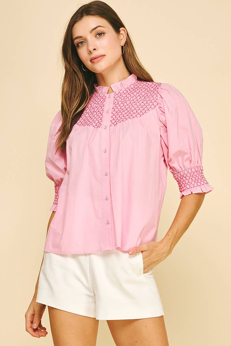 EMBROIDERED BUTTON DOWN BLOUSE TOP - 4951TB: Pink / S