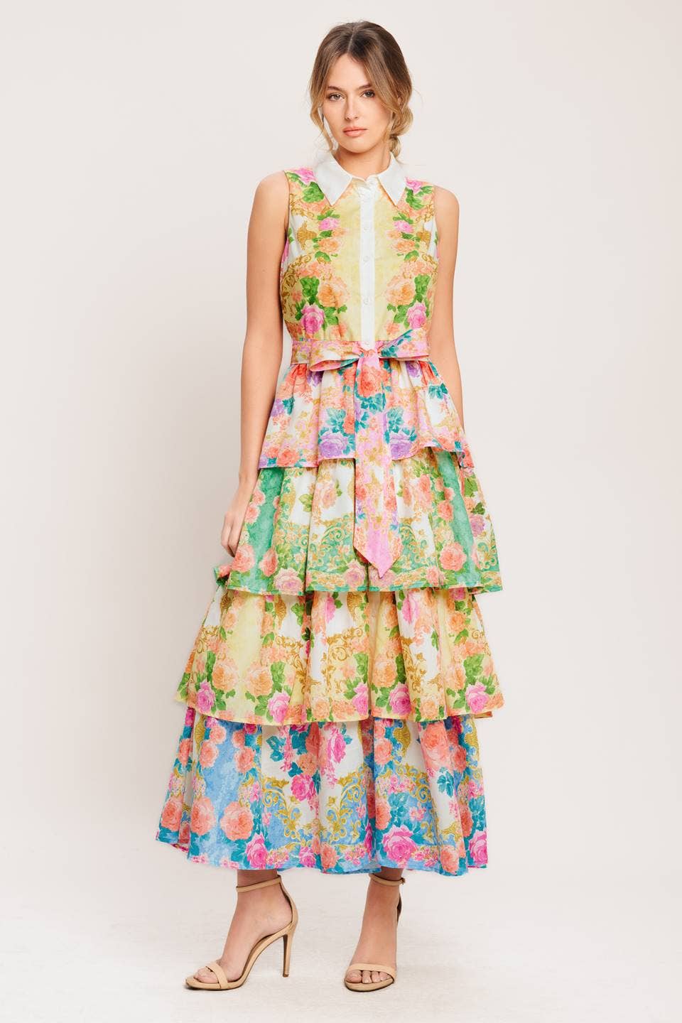 A printed woven midi dress - ID23280: YELLOW BLUE PINK / Contemporary / L