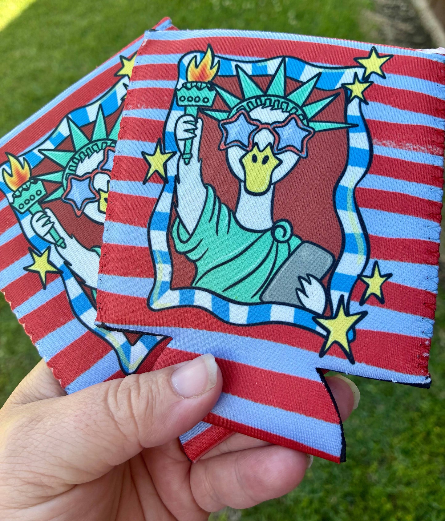 Silly goose patriotic Statue of Liberty koozies: Slims