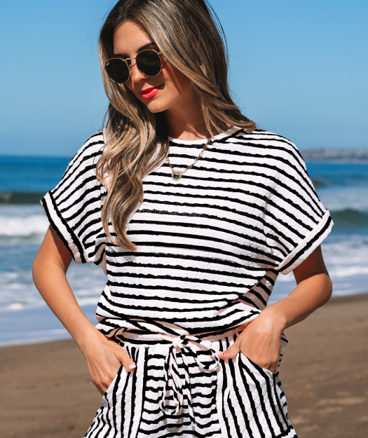 Pink Stripe Knitted Short Sleeve Top and Drawstring Shorts Set: Sky Blue Stripe / 85%Polyester+10%Viscose+5%Elastane / L
