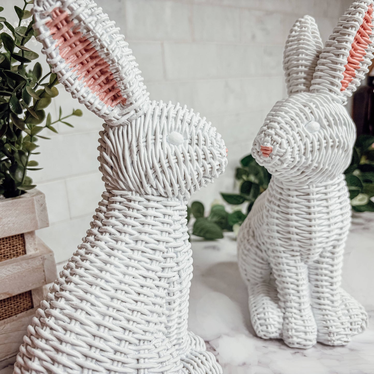 Easter Farmhouse Home Decor, Resin Bunny Figurine Rattan : White