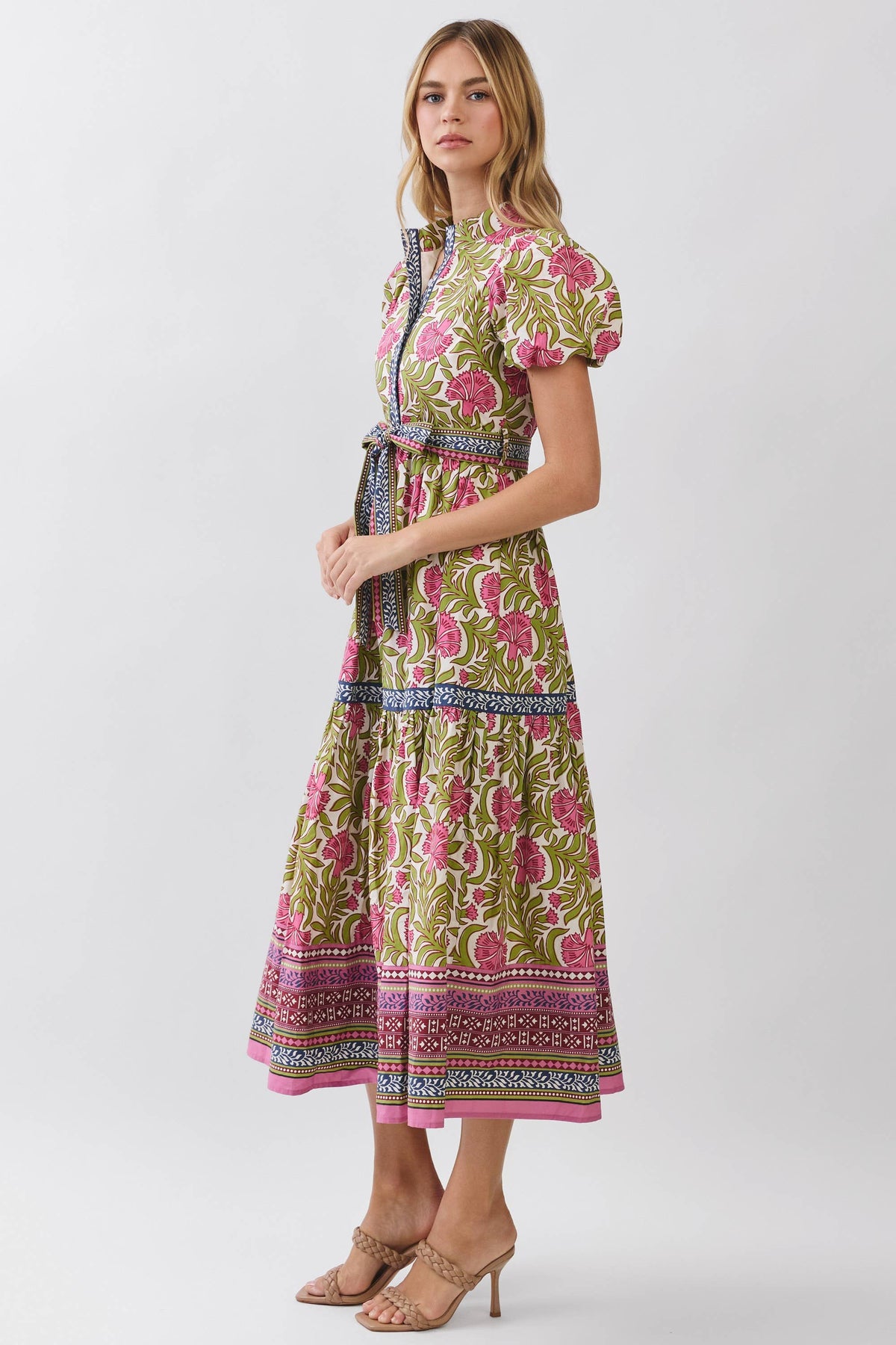 CD07204-Floral Border Print Tie Waist Maxi Dress: Green / L