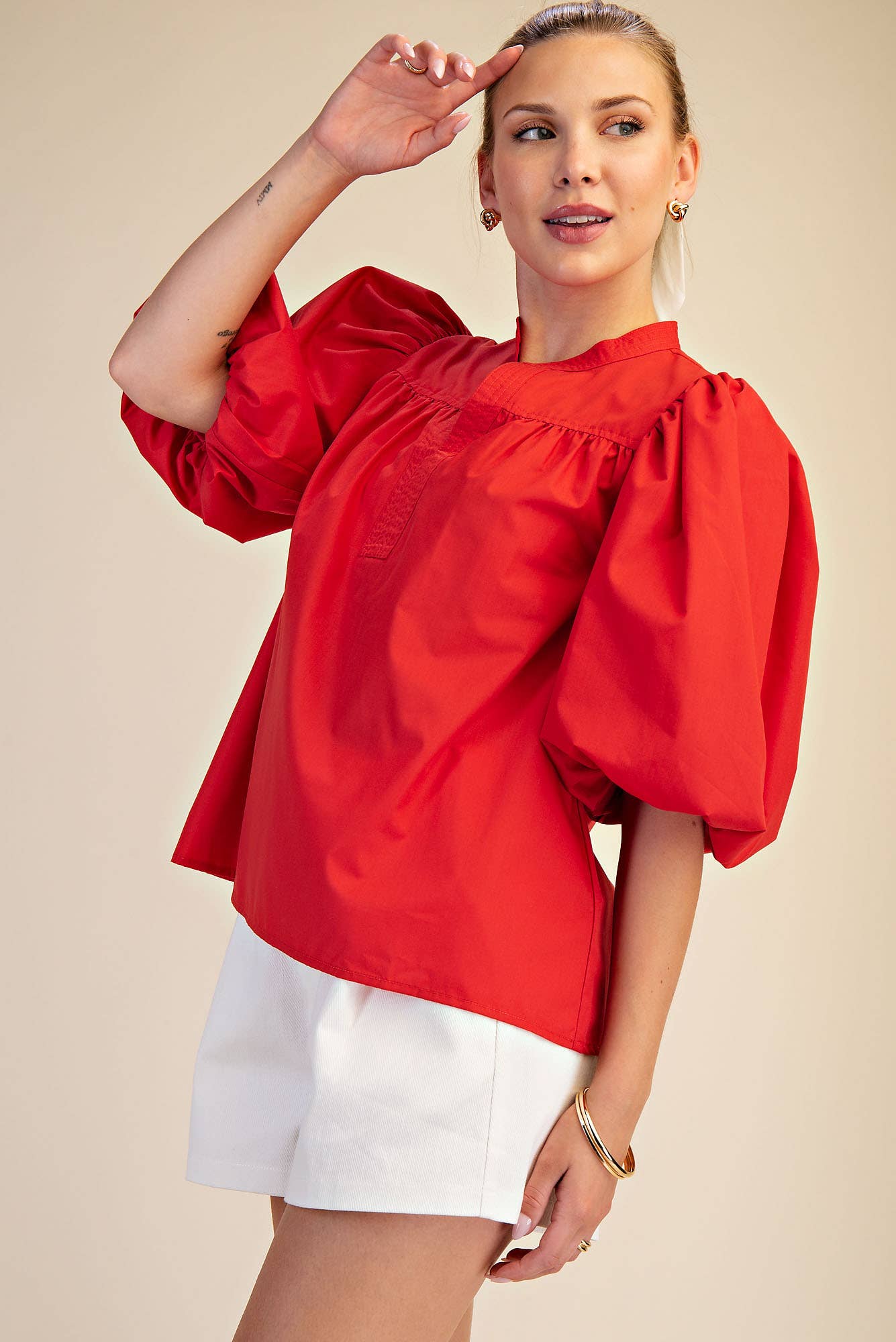 China Collar V-Neck Bubble Sleeve Poplin Top: Red / M