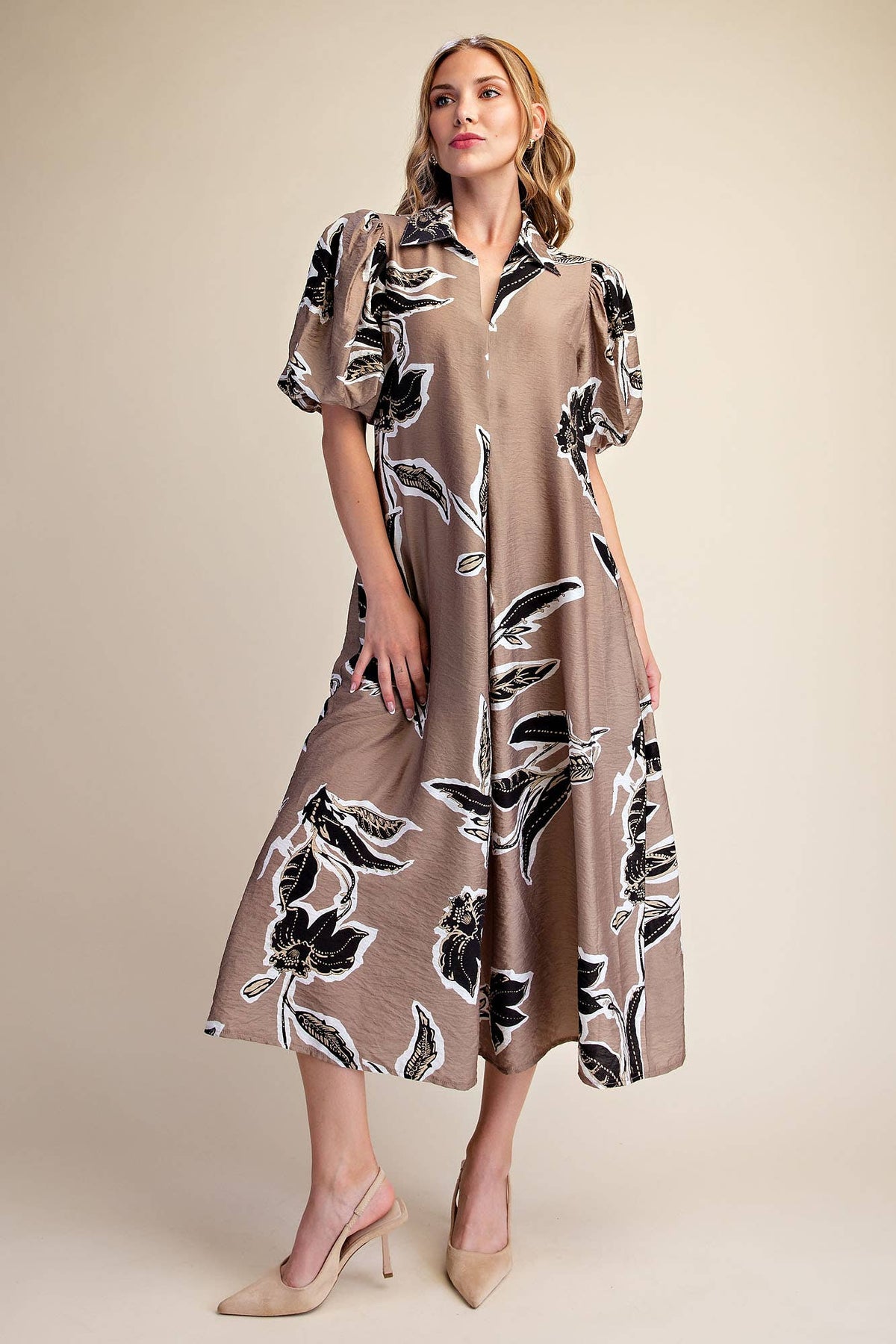 Fall/Winter Print Puff Sleeve Midi Dress : Rust / S