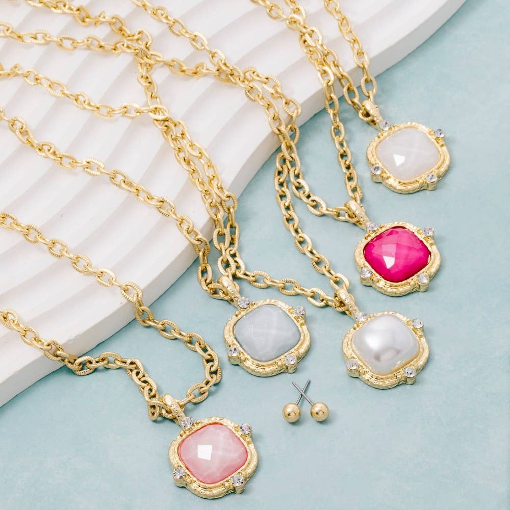 Square Faceted Stone Pendant Chain Necklace Set: PL
