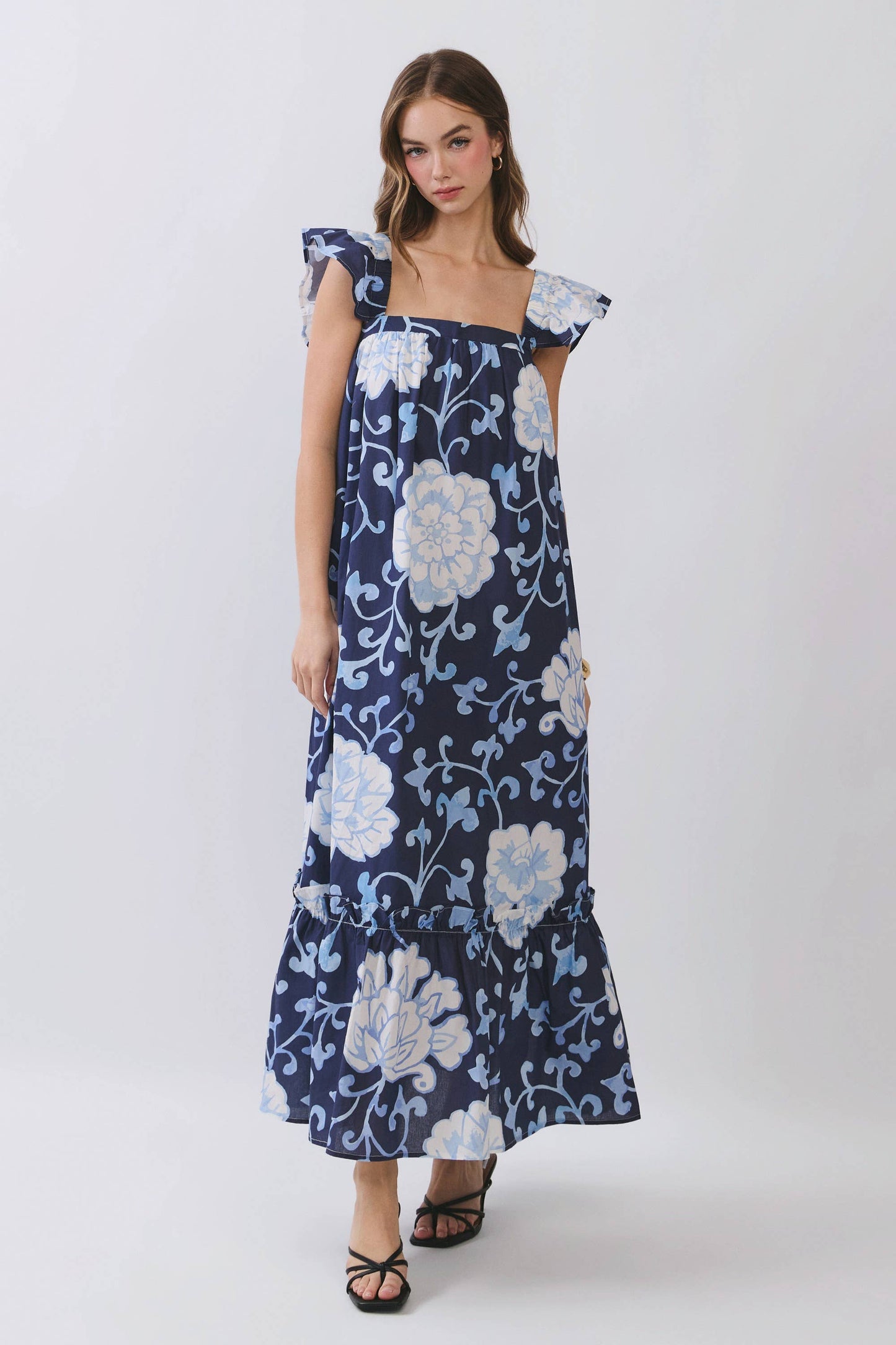 CD06967-Floral Print Ruffle Sleeve Maxi Dress: NAVY / M