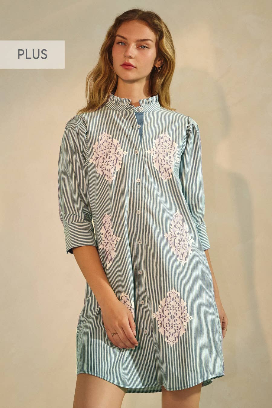 Plus Striped Shirt Dress: Blue / XL