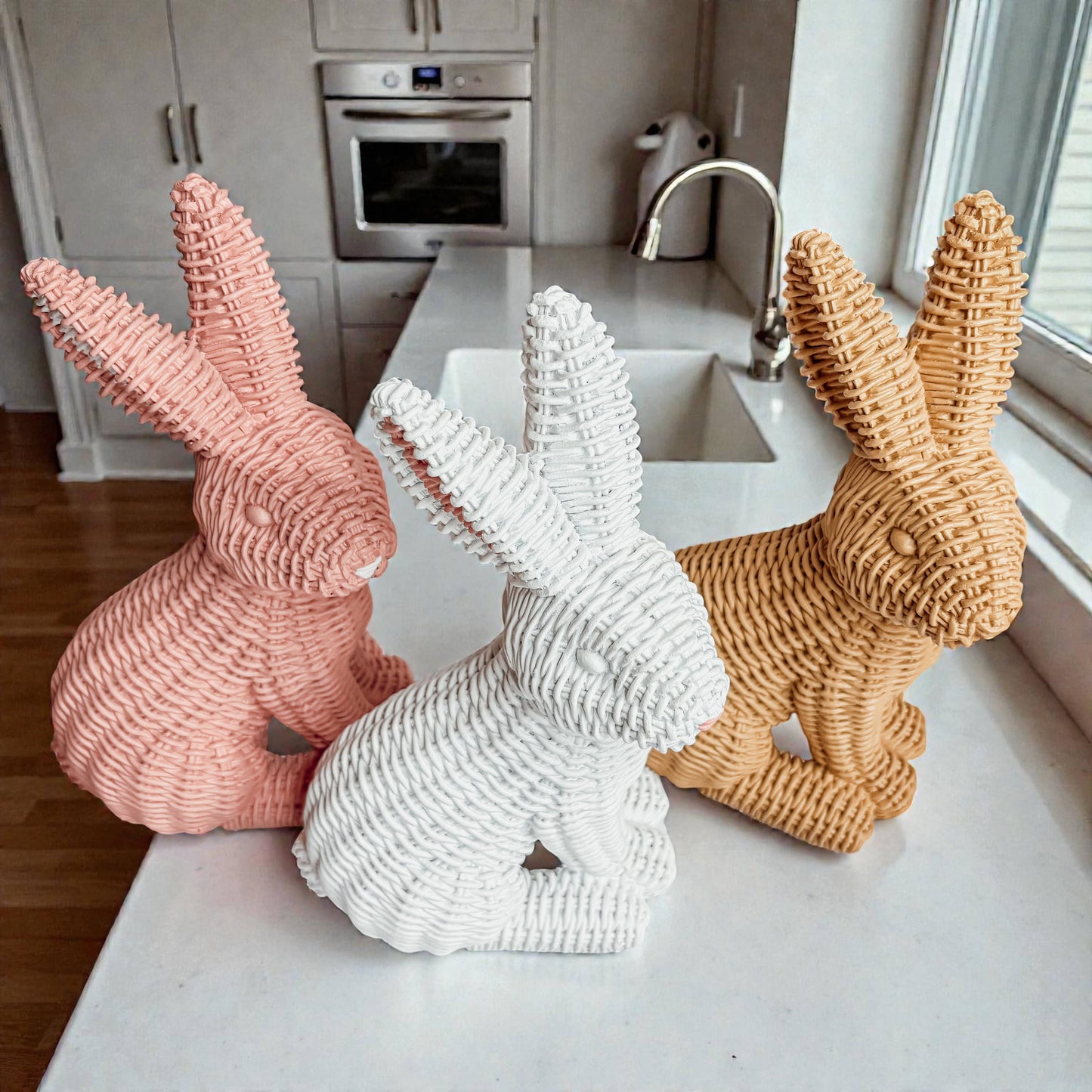 Easter Farmhouse Home Decor, Resin Bunny Figurine Rattan : White