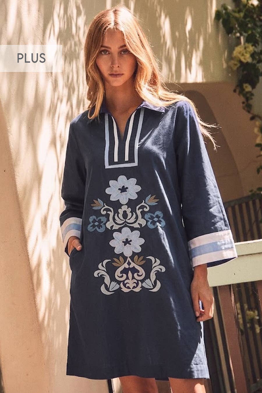 Plus Cotton Mini Dress: NAVY COMBO / 2XL