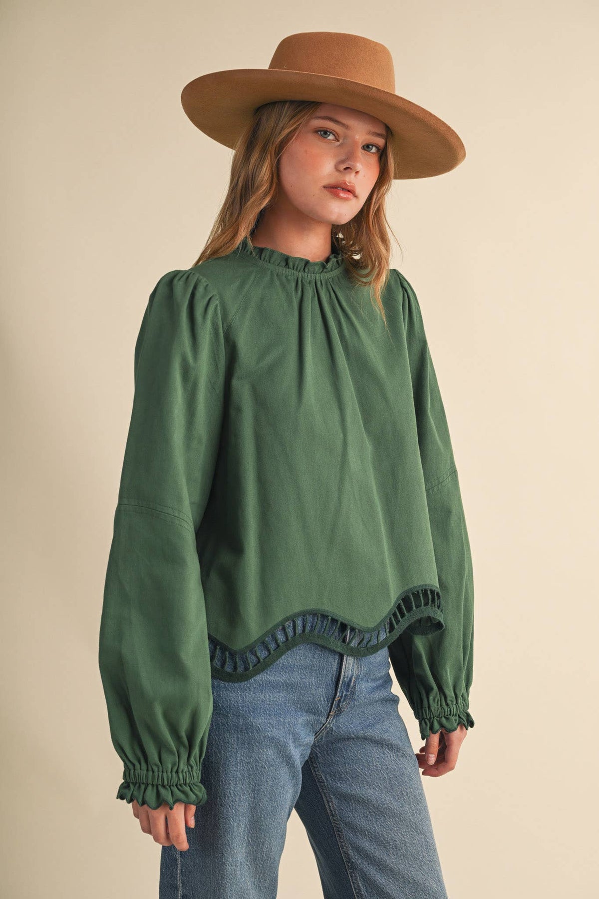 EMBROIDERED CUT-OUT HEM LONG SLEEVE TOP MTP5195: SAGE GARDEN / S