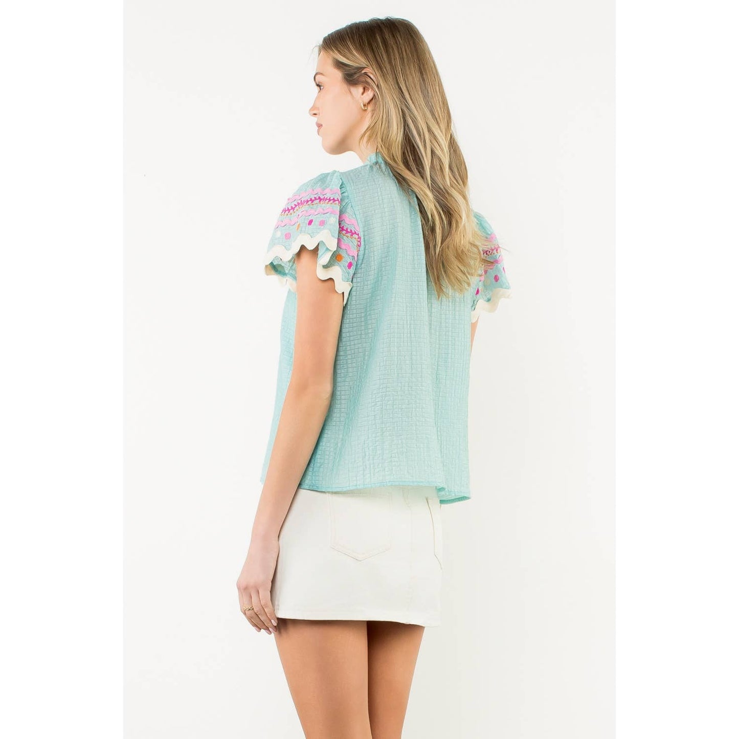 Flutter Sleeve Embroidered Detail Textured Top: AQUA / XS-S-M-L(1-2-2-1)