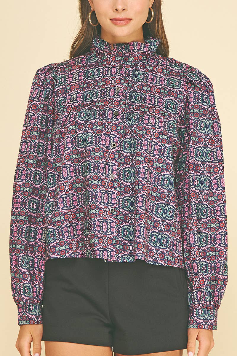 GEOMETRIC FLORAL RUFFLED MOCK NECK BLOUSE - 7594T: NAVY PINK / S