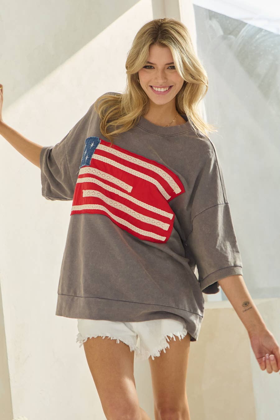 Americana French Terry Short Sleeve Pullover: Washed White / S