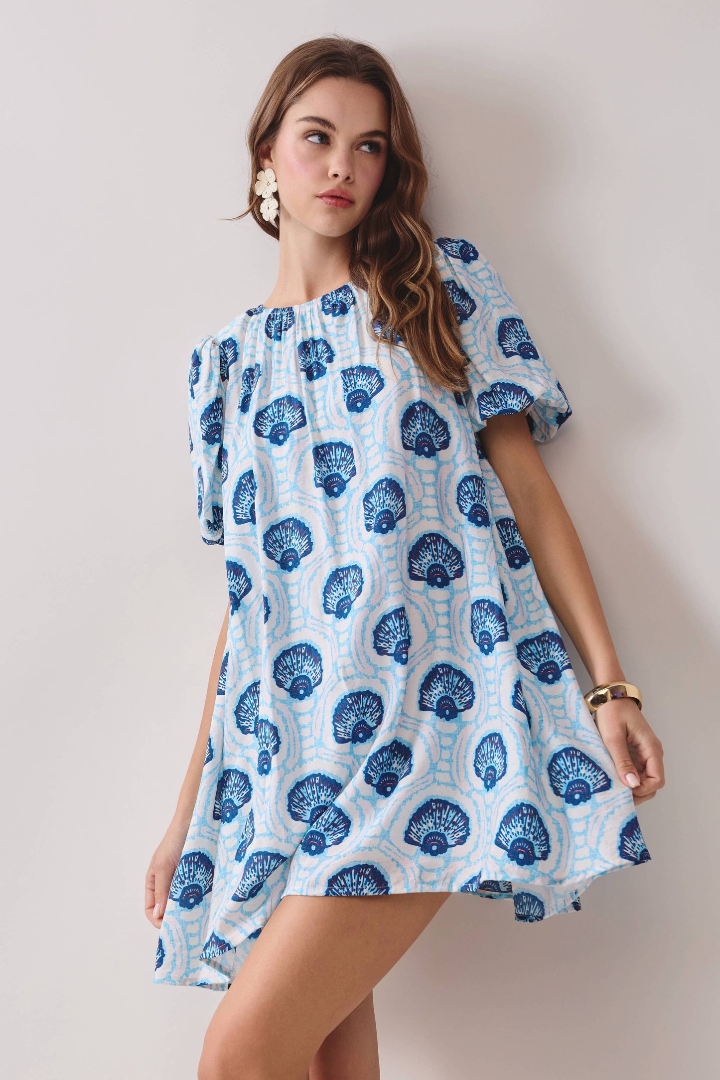 CD06808-Printed Relaxed Flowy Fit Puff Sleeves Dress: Blue / S