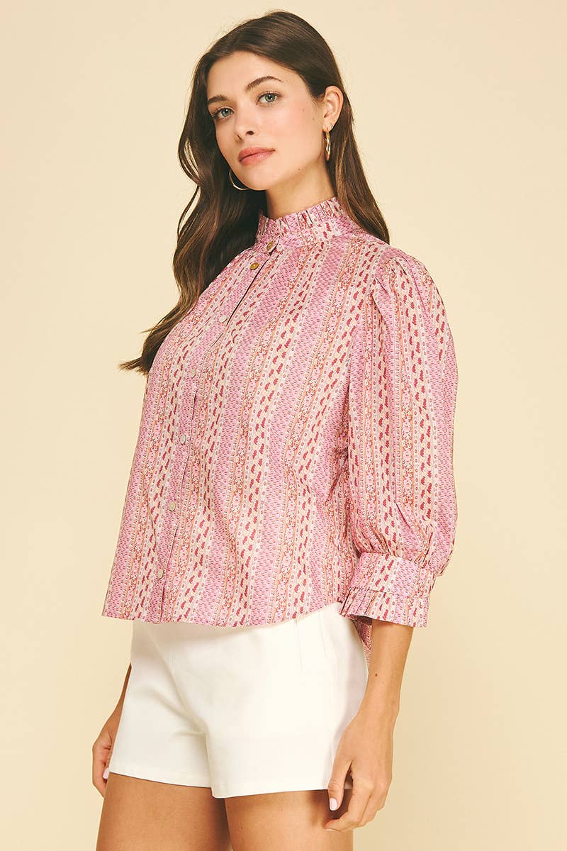FLORAL BOTANICAL PRINT BUTTON DOWN BLOUSE - 7450T: GREEN MULTI / M