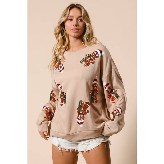 Sequin Gingerbread Man Christmas Pullover: OATMEAL / S-M-L-XL(2-2-2-2)