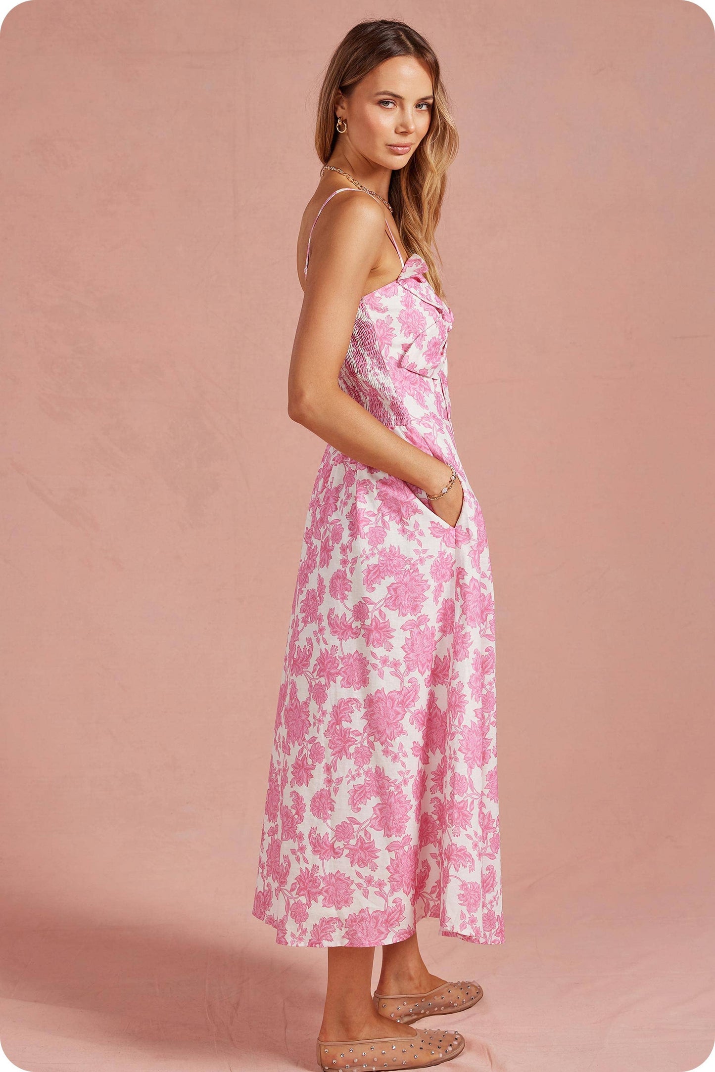 Botanical Garden Bow Flower Sleeveless Midi Dress: Pink/white / S