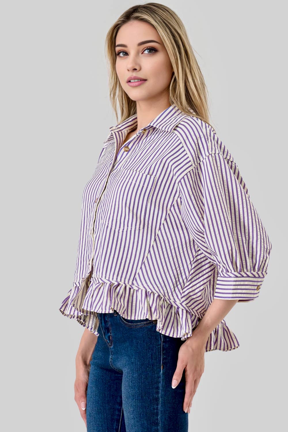 Mbt 9932 Game Day Parker Buttoned Striped Ruffle Top Purple