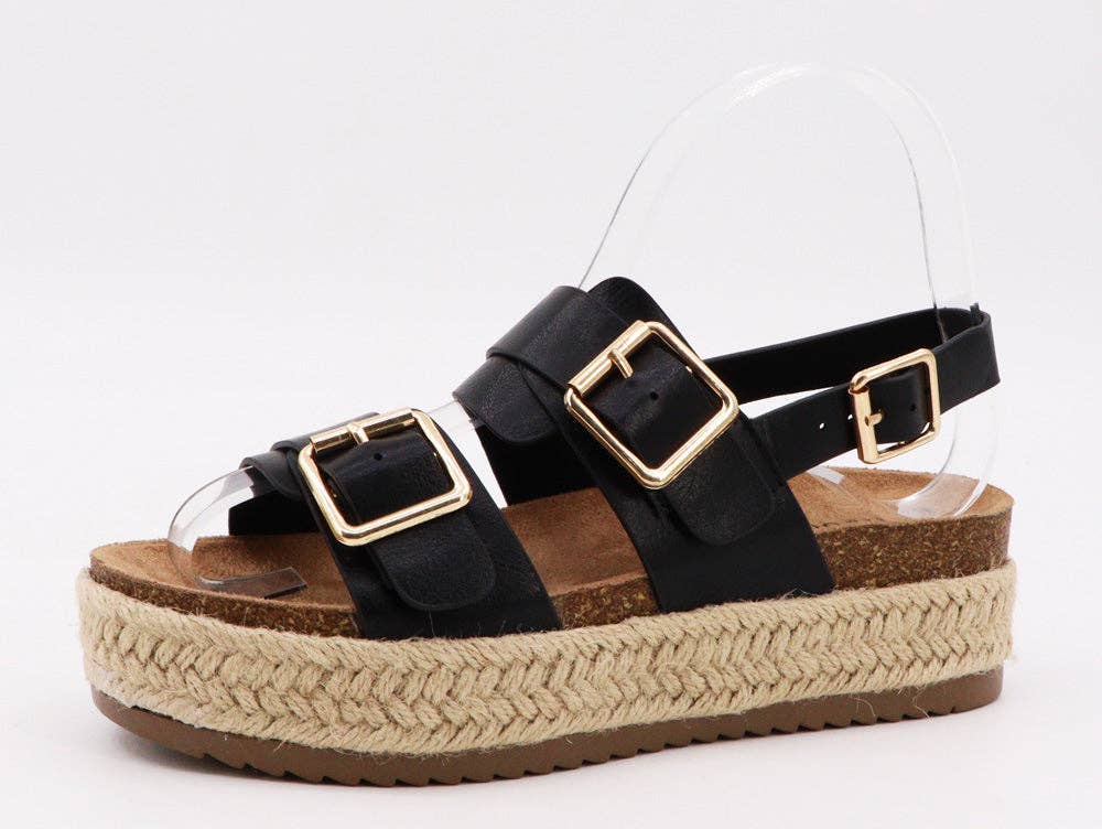 Bamboo BRAKE-07 Espadrille Cork Sole Double Buckle Sandals: GOLD METALLIC PU / 12BF-6(1)-7(2)-8(4)-9(3)-10(2)
