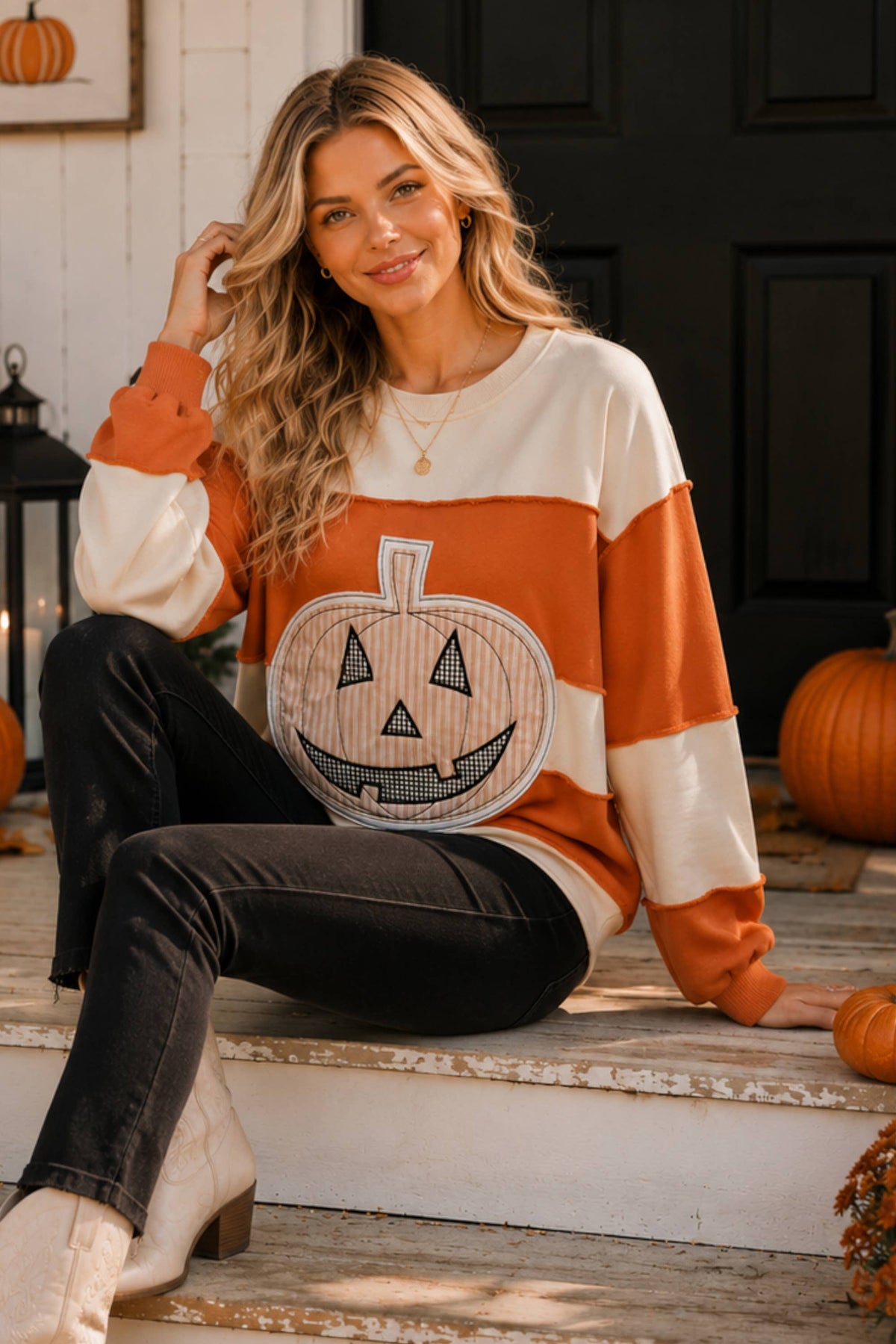 Pumpkin Appliqué Color Block Pullover: BURNT ORANGE/CREAM / S-M-L (2-2-2)