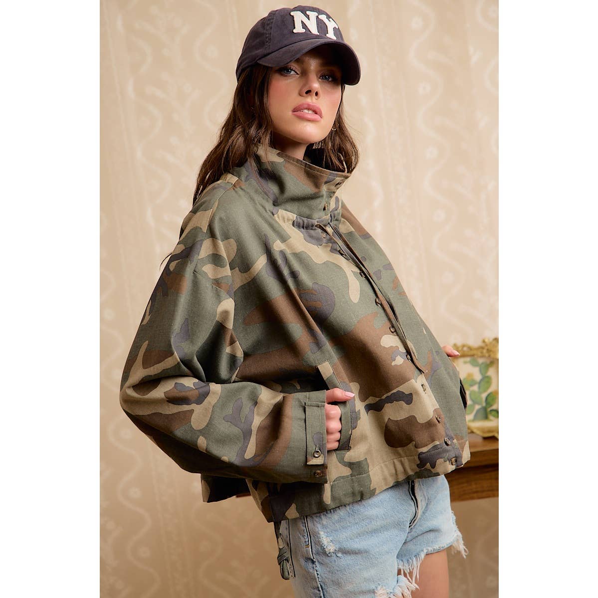 PRINTED HOODED WINDBREAKER JACKET TOP: MOCHA GINGHAM / S