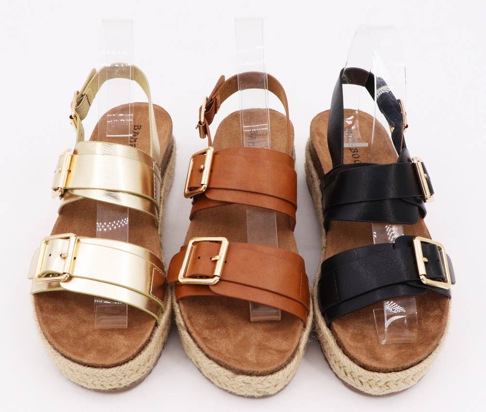 Bamboo BRAKE-07 Espadrille Cork Sole Double Buckle Sandals: GOLD METALLIC PU / 12BF-6(1)-7(2)-8(4)-9(3)-10(2)