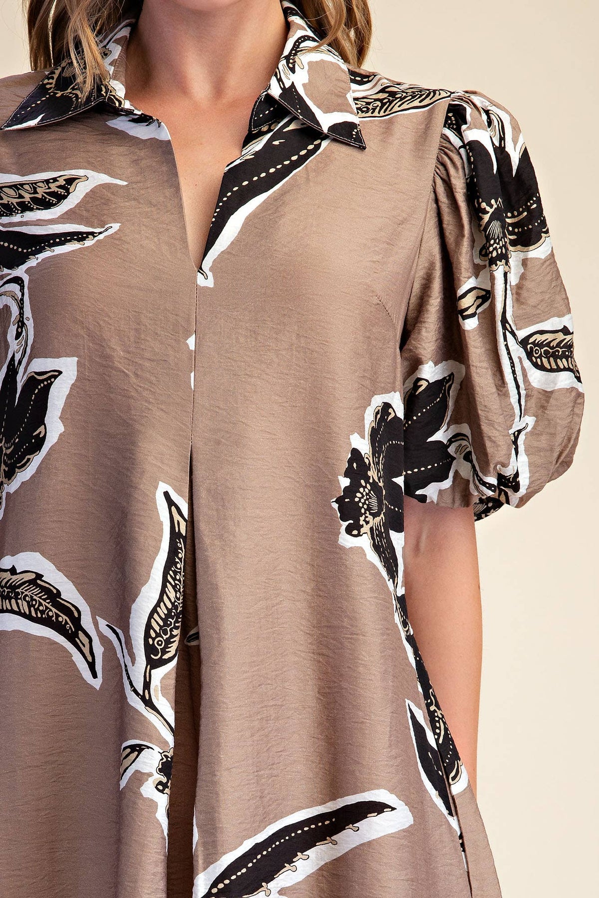 Fall/Winter Print Puff Sleeve Midi Dress : Rust / M