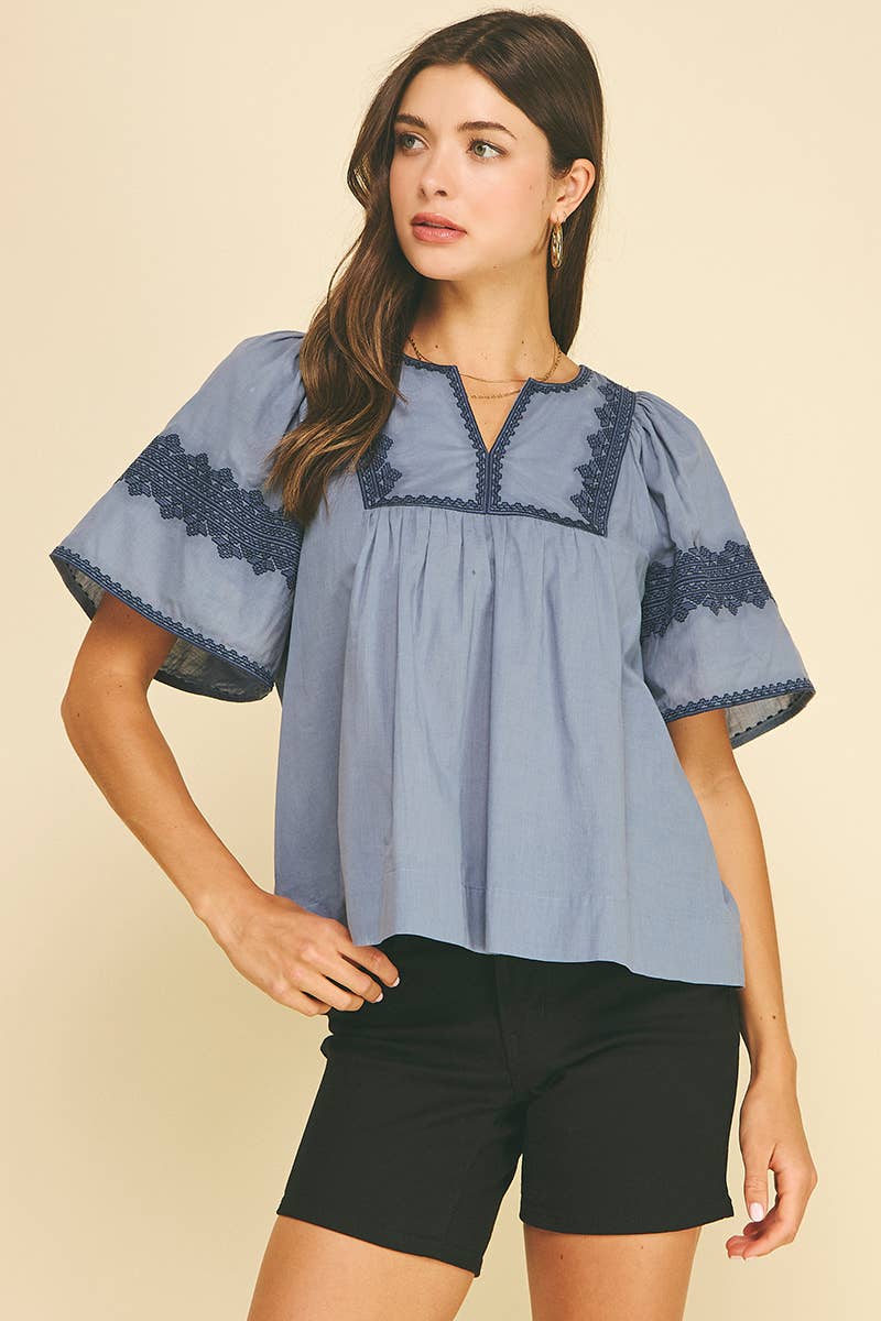 BOHO EMBROIDRED PUFF SLEEVE BLOUSE - 7132T: Blue / S