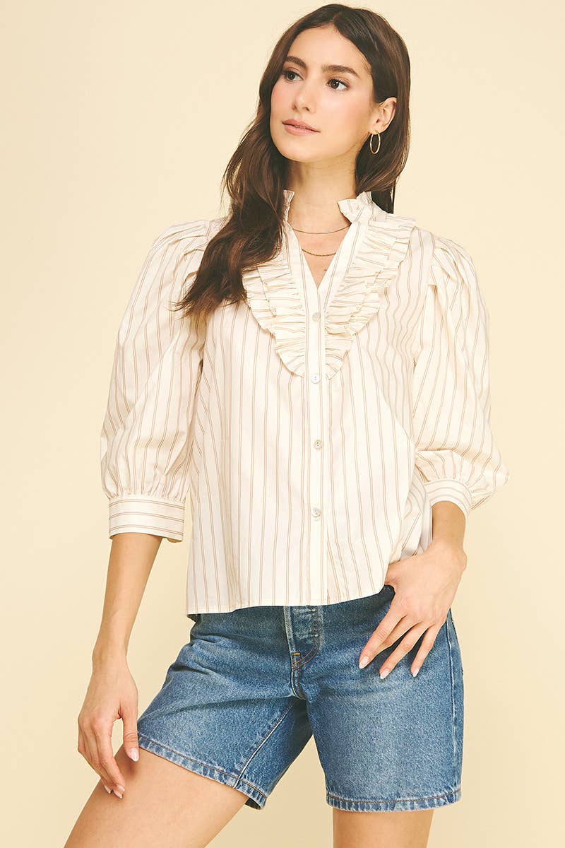 STRIPED RUFFLED COLLAR PUFF SLEEVE BLOUSE - 6241TA: CREAM/TAUPE / M