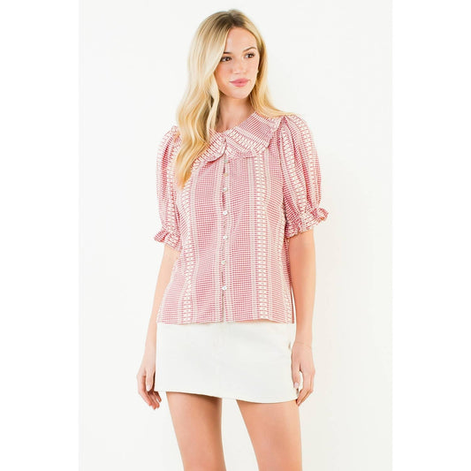 Puff Sleeve Gingham Patterned Top: RED / XS-S-M-L(1-2-2-1)
