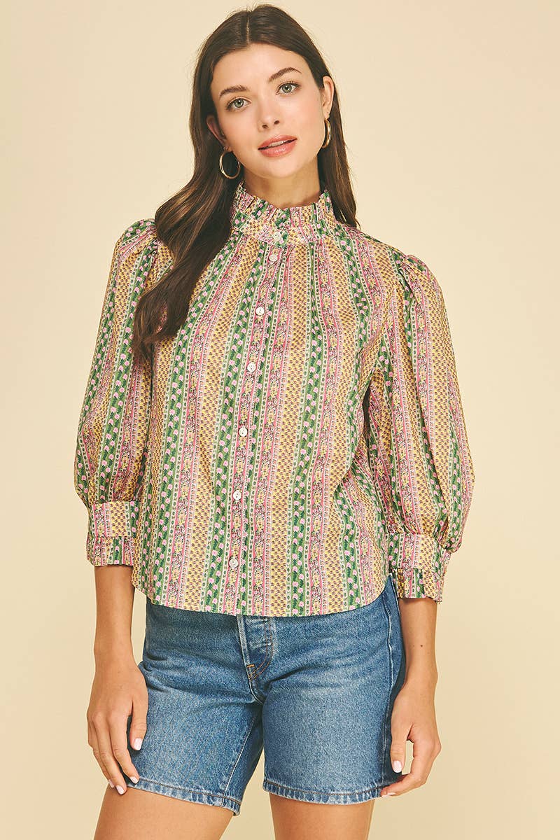 FLORAL BOTANICAL PRINT BUTTON DOWN BLOUSE - 7450T: GREEN MULTI / M