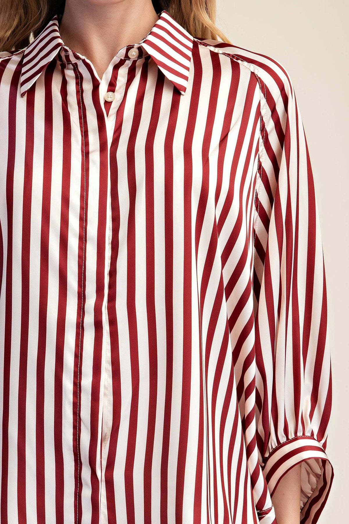 Stripe Wide Puff Sleeve Buttondown Shirt: Olive / S