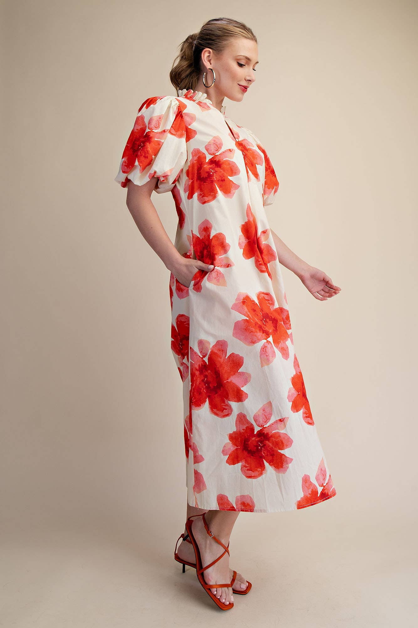 Ruffle V-Neck Puff Sleeve Waist Pleated Midi Dress: Sky / L
