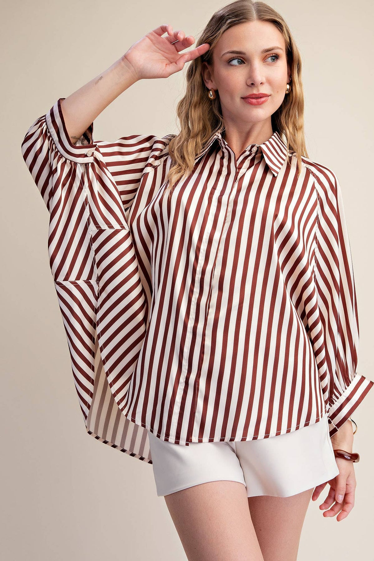 Stripe Wide Puff Sleeve Buttondown Shirt: Olive / M